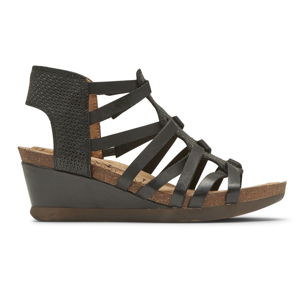 Rockport Women's Cobb Hill Shona T-Strap Wedges Sandals - Black - USA (6894MAFEY)